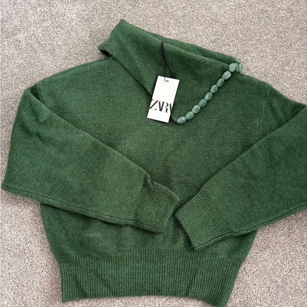 💚 Zara Beaded Collar Turtleneck Sweater – NWT – Size Large